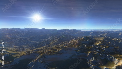 beautiful view from an exoplanet, a view from an alien planet, a computer-generated surface, a fantastic view of an unknown world, a fantasy world 3D render