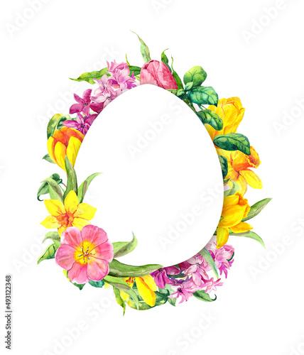 Easter egg - spring flowers - tulip, hyacinth, crocus. Floral watercolor frame, egg shape