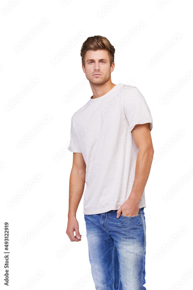 Hes got the right attitude. Portrait of a handsome young man standing with his hand in his pocket.