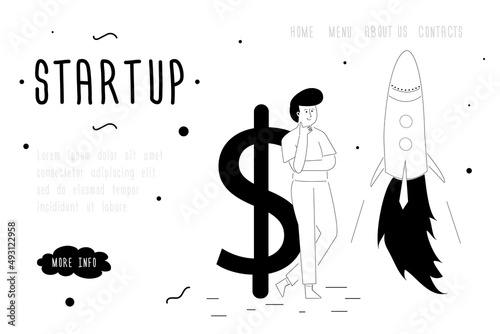 Businessman starting new business project. Launch of new profitable startup, landing page template. Happy investor with big dollar sign. Rocket takeoff. Line art, doodle.