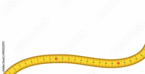 Vector background with measure tape in flat style. Yellow measuring tape template isolated on white background. Vector illustration measuring tool.
