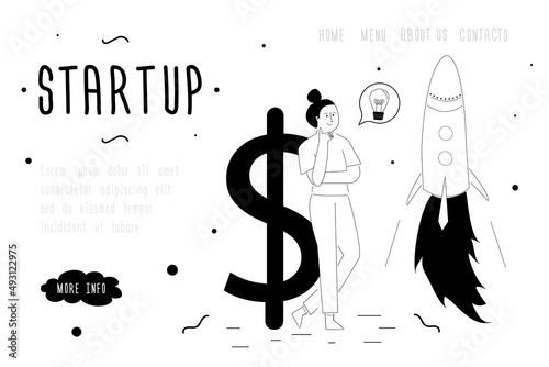 Business woman starting new business project. Launch of new profitable startup, landing page template. Happy investor with big dollar sign. Rocket takeoff. Line art, doodle.