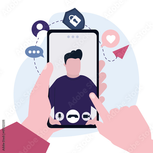 Person video call cartoon man. Communication and conversations on internet network. Online application on mobile phone screen for talking