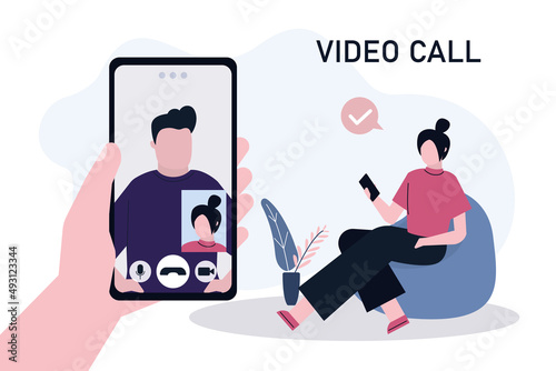 Cartoon woman video call guy. Communication and conversations on internet network. Online application on mobile phone screen for talking