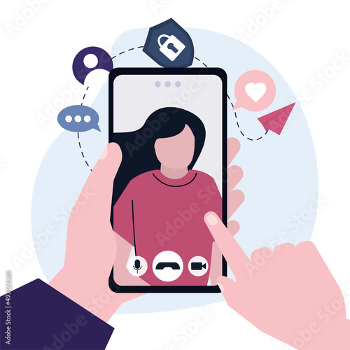 Person video call cartoon woman. Communication and conversations on internet network. Online application on mobile phone screen for talking