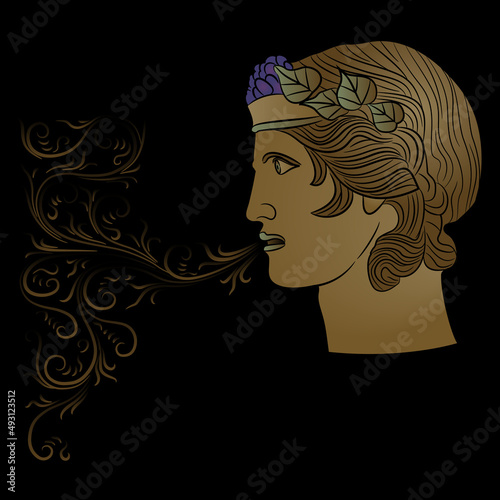 Head of ancient Greek god Dionysus breathing smoking wind from his mouth. Creative concept.