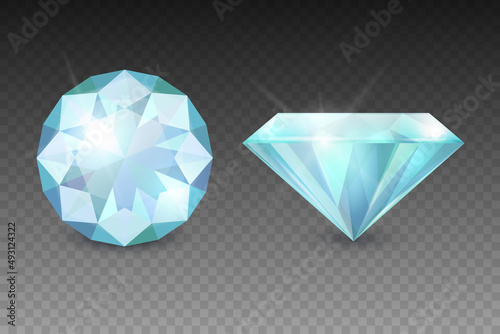 Vector 3d Realistic Blue Transparent Gemstone, Diamond, Crystal, Rhinestones Icon Set Closeup Isolated. Jewerly Concept. Design Template, Clipart. Top and Side View