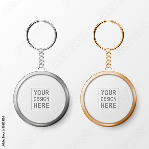 Vector 3d Realistic White Round Keychain, Silver and Golden Ring and Chain for Key Isolated on White. Button Badge with Ring. Plastic, Metal ID Badge with Chains Key Holder, Design Template, Mockup