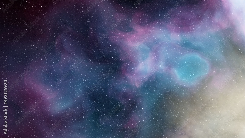 colorful space background with stars, nebula gas cloud in deep outer space, science fiction illustrarion 3d illustration