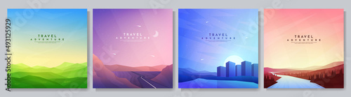 Vector illustration. Abstract background set. Minimalist style. Flat concept wallpapers. Landscape collection. Green meadow, city buildings, road between hills, mountain river in forest. Web banner