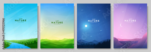 Vector illustration. Abstract background set. Minimalist style. Flat concept wallpapers. Landscape collection. Design for poster, book or magazine cover, layout, brochure. Nature scene with clear sky