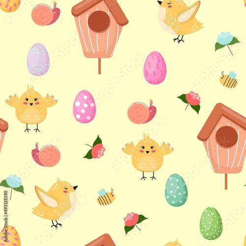 Seamless pattern with cute birds, bird houses, bees, snails and Easter eggs. Easter pattern with birds on yellow background. 