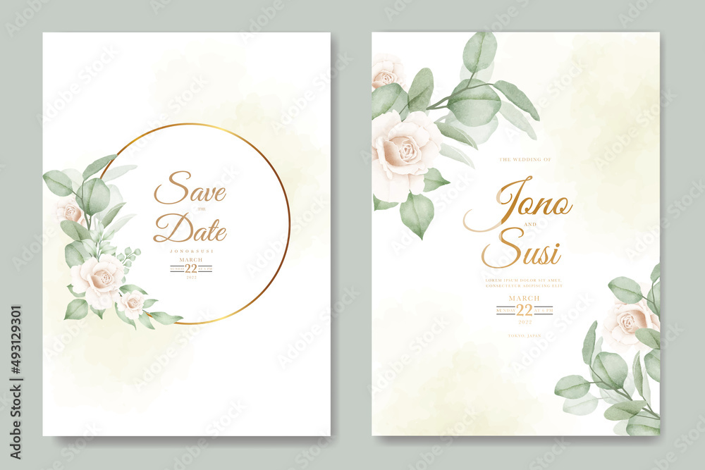 Watercolor floral leaves wedding invitation card