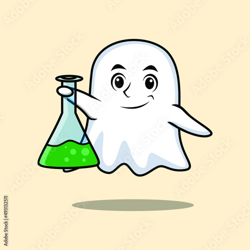 Cute cartoon mascot character ghost as scientist with chemical reaction glass in cute modern style design for t-shirt, sticker, logo element