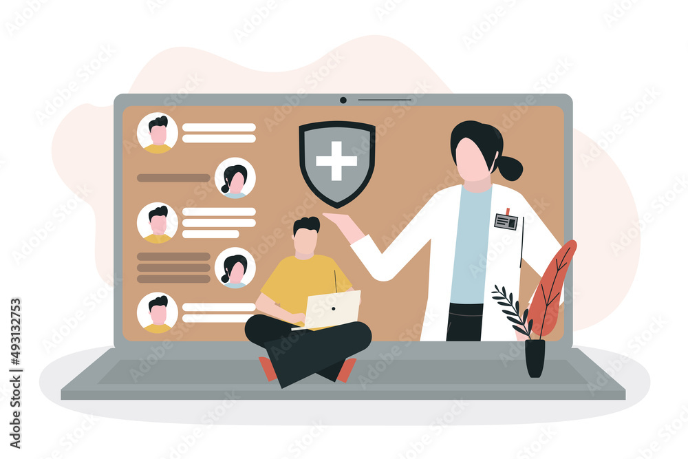 Virtual doctor on monitor. Man with laptop chatting physician. Person messaging to get online diagnosis and prescription Virtual doctor on monitor. Man with laptop chatting physician. Person messaging to get online diagnosis and prescription