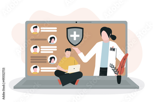 Virtual doctor on monitor. Man with laptop chatting physician. Person messaging to get online diagnosis and prescription