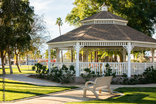 Late afternoon view of a public park in downtown Indio, California, USA.