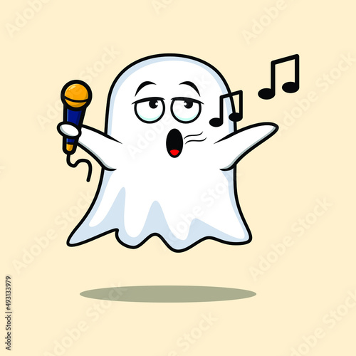 Cute cartoon ghost singer character holding mic in 3d modern style design