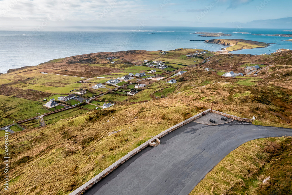 Sky road car park and stunning view on beautiful nature scene. Aerial view. Clifden, county Galway, Ireland. Irish famous landscape and popular tourist route with stunning scenery