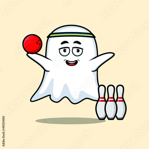 Cute cartoon ghost character playing bowling in 3d modern style design for t-shirt, sticker, logo elements