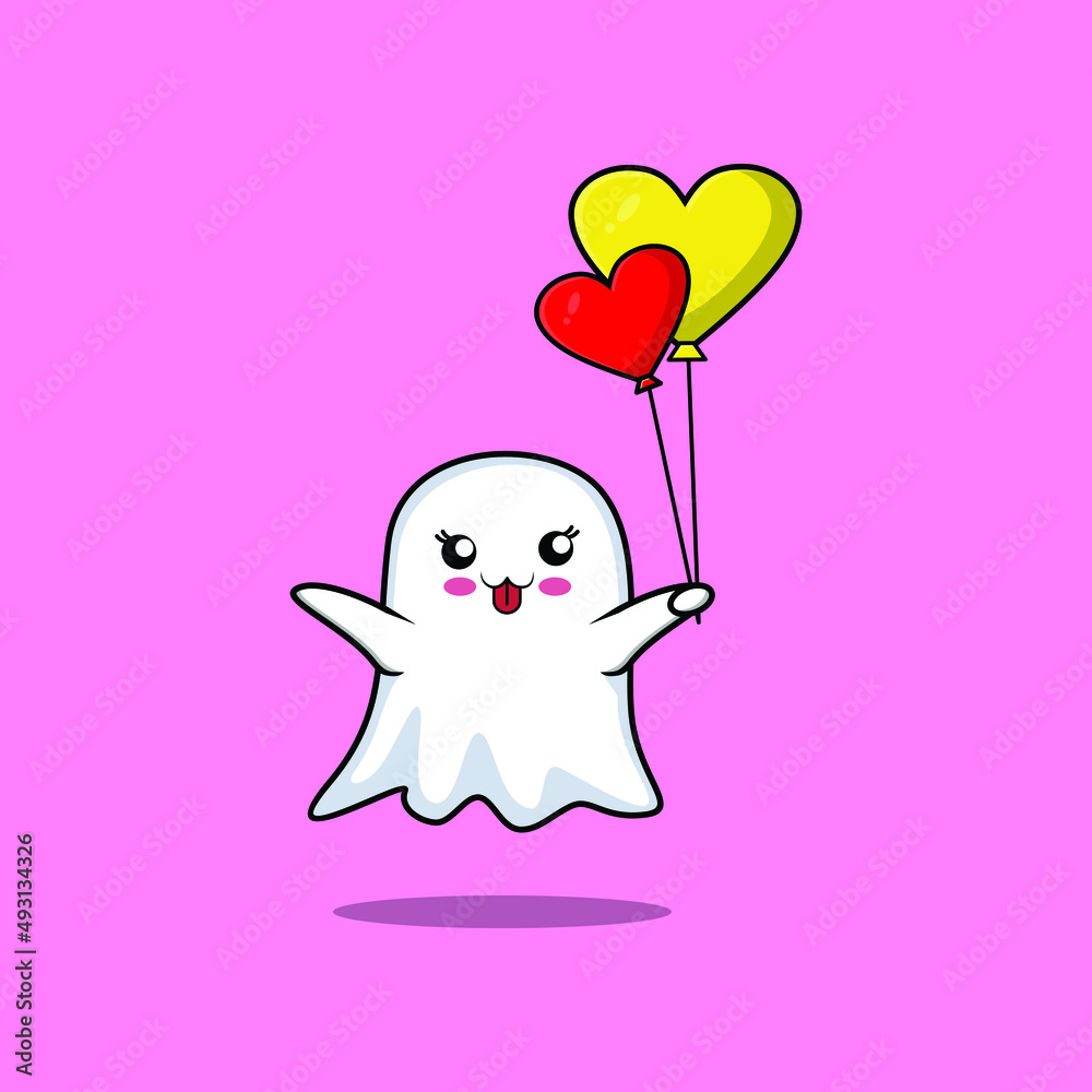 Cute cartoon ghost floating with love balloon cartoon vector illustration in concept 3d cartoon style
