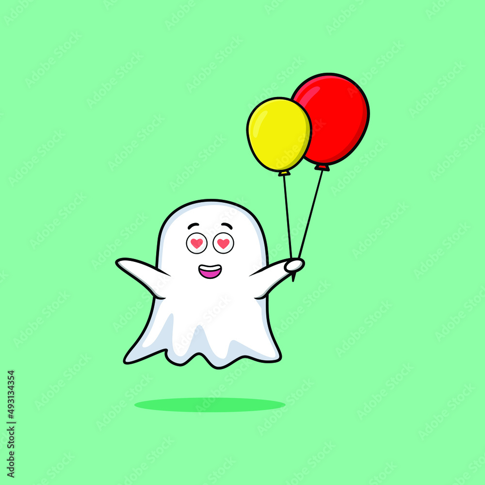 Fototapeta premium Cute cartoon ghost floating with balloon cartoon vector illustration in concept 3d cartoon style