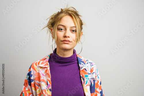 Fotografie One woman beautiful blonde caucasian female studio shot portrait in front of whi
