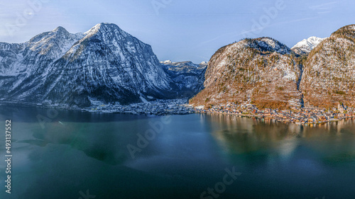 aerial, alps, architecture, austria, austrian, beautiful, blue, blue sky, church, city, drone, europe, famous, flora, flowers, forest, hallstatt, hallstatt austria, hallstattersee, historic, house, la