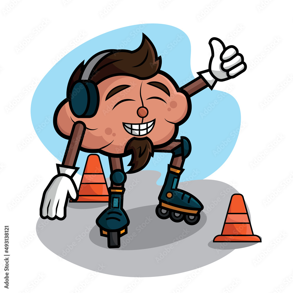 Isolated happy skater brain cartoon character Vector Isolated happy skater brain cartoon character Vector