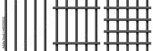 Black realistic metal prison bars isolated on white background. Detailed jail cage, prison iron fence. Criminal background mockup. Creative vector illustration.