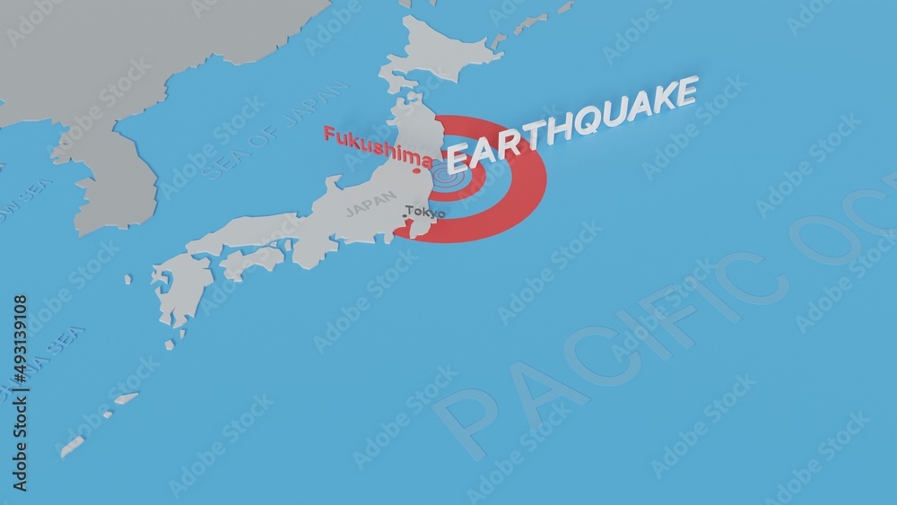 Obraz premium Map ofJapan showing the location of the earthquake of magnitude 7.3 Richter, occured in March 16, 2022. Digital 3D rendering.