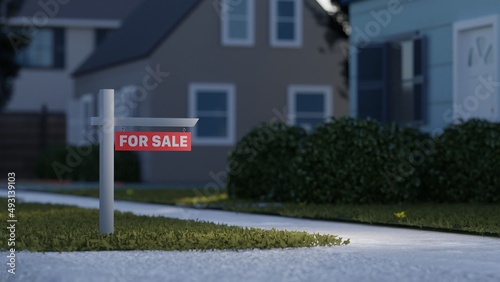 Real estate sign in front of a house for sale in a nice suburban neighborhood. Digital 3D rendering.