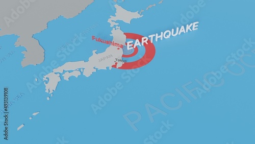 Wallpaper Mural Map ofJapan showing the location of the earthquake of magnitude 7.3 Richter, occured in March 16, 2022. Digital 3D rendering. Torontodigital.ca