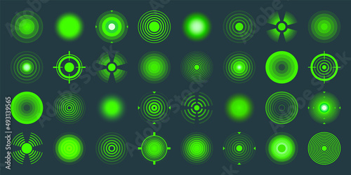 Thermal, night vision scope. Crosshair, gun sight vector icons. Bullseye, target or aim symbol. Military rifle scope, shooting mark sign. Targeting, aiming for a shot. Green radar waves, circles