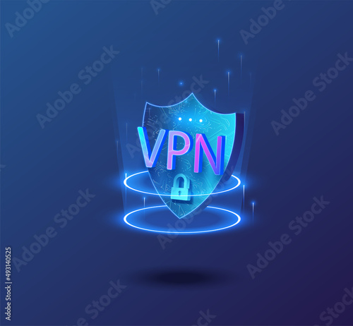 Cyber security, shield lock in futuristic blue style.  Vpn safety cyber shield concept. Virtual private network icon. Vector illustration
