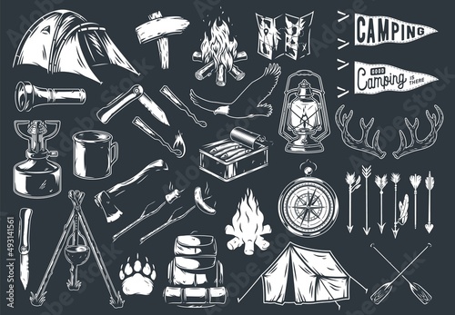 Set of camping elements with eagle, tent and campfire, map and compass