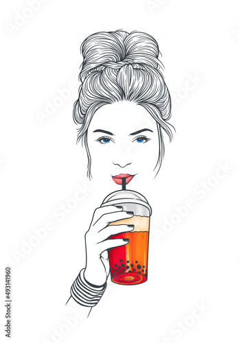 Pretty woman with a messy bun hairstyle. Drinking boba bubble tea. Hand drew vector line art illustration on white background