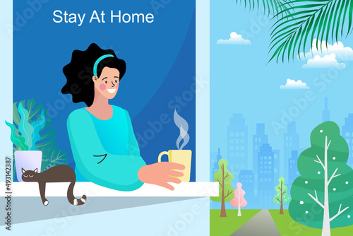 A woman relaxes with a coffee by the window with her cat. A 'Stay At Home' concept vector illustration for promoting safety, quarantine, and a peaceful, cozy lifestyle.