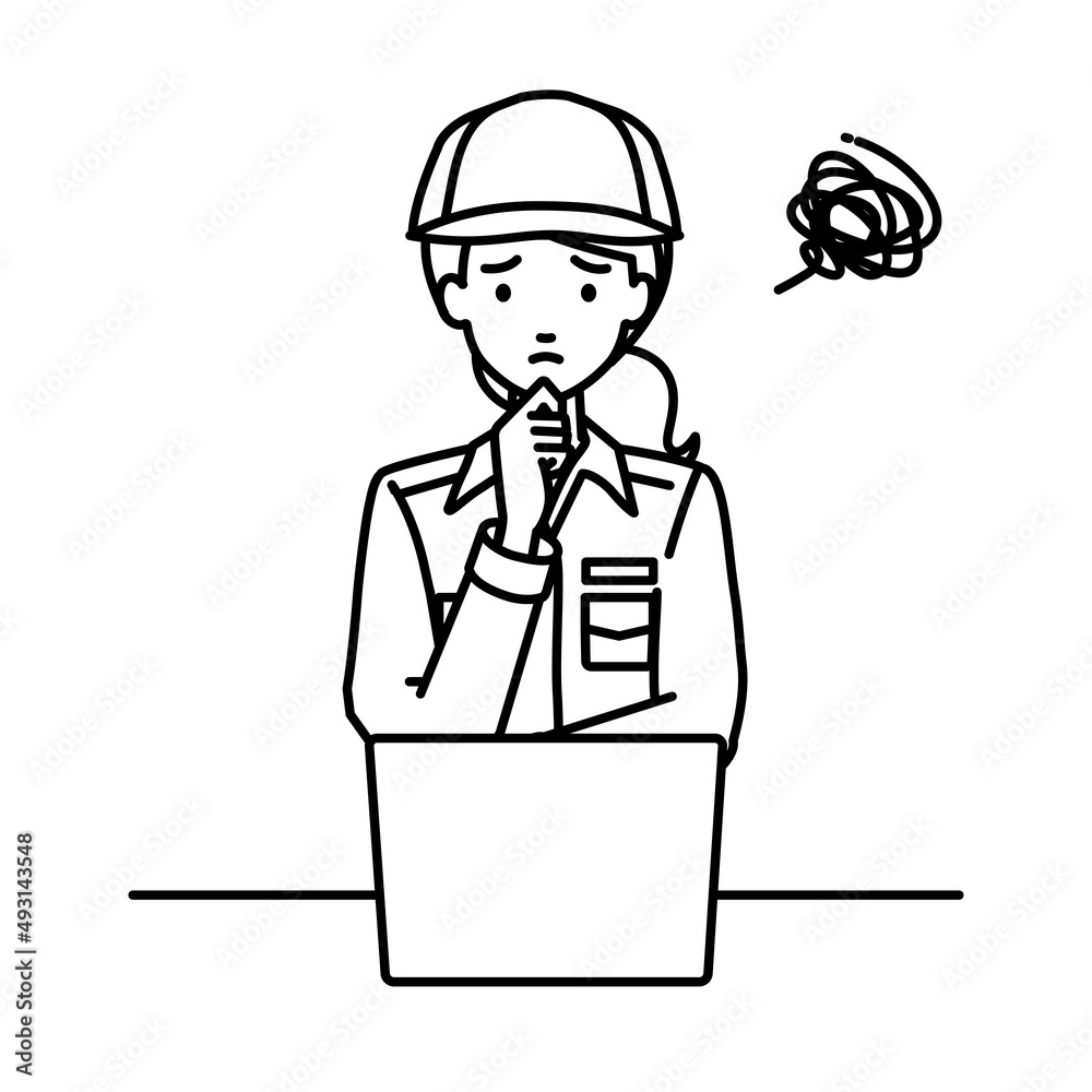 デスクで座ってPCを開いて困っている作業員の女性