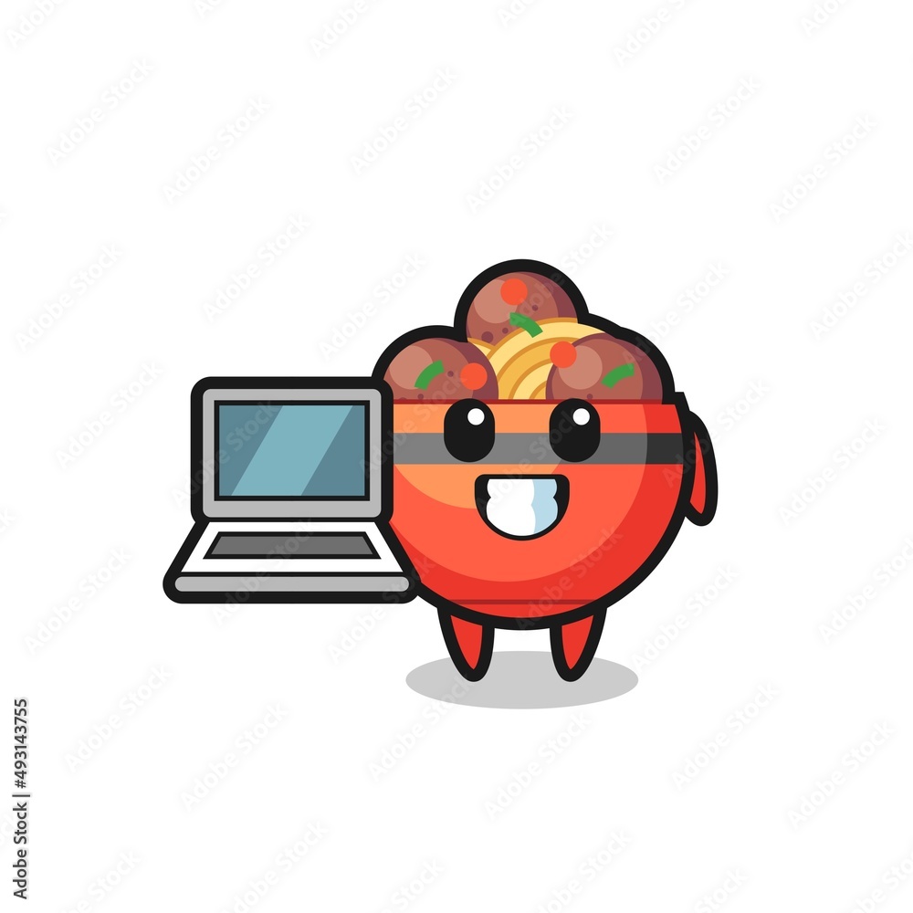 Mascot Illustration of meatball bowl with a laptop