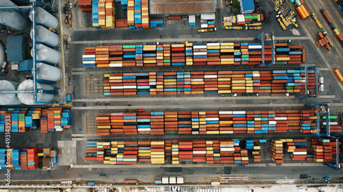 Aerial view: containers waiting for shipment in a large industrial port