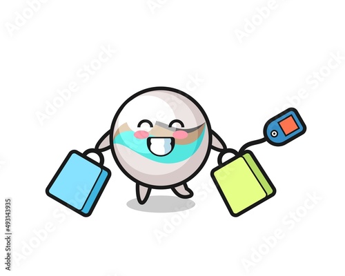 marble toy mascot cartoon holding a shopping bag