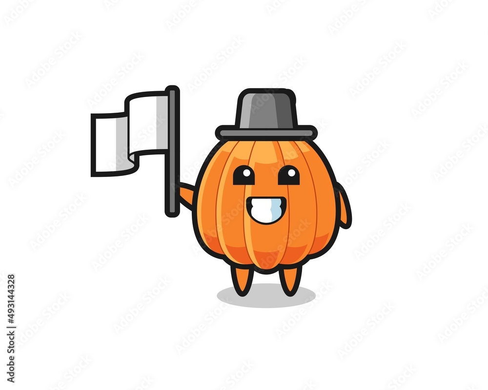 Cartoon character of pumpkin holding a flag