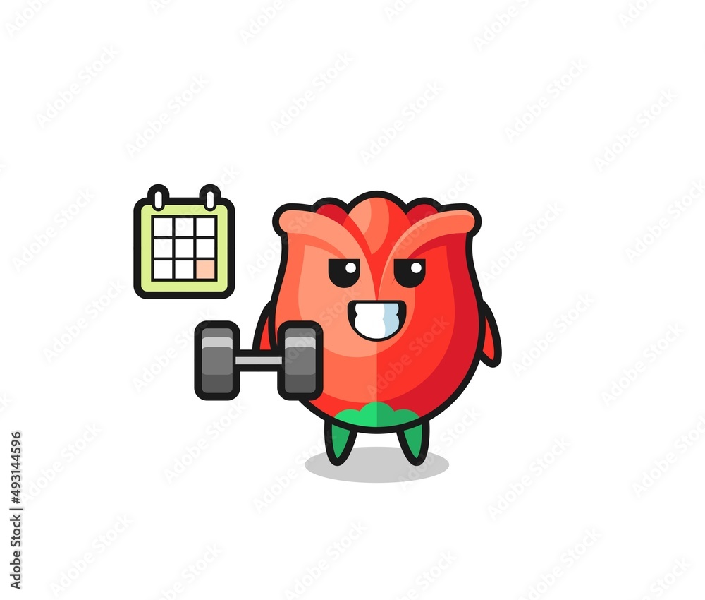 rose mascot cartoon doing fitness with dumbbell