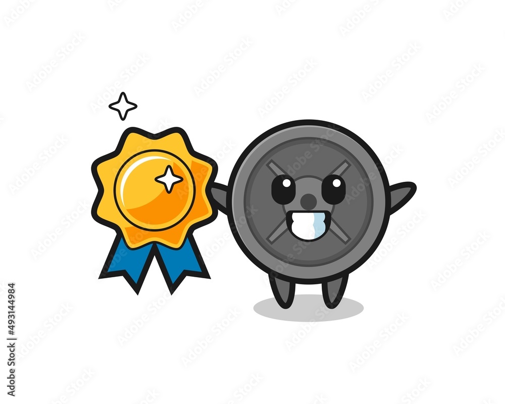 barbell plate mascot illustration holding a golden badge barbell plate mascot illustration holding a golden badge