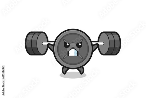barbell plate mascot cartoon with a barbell