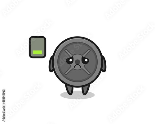 barbell plate mascot character doing a tired gesture