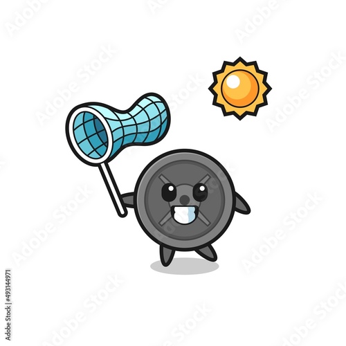 barbell plate mascot illustration is catching butterfly