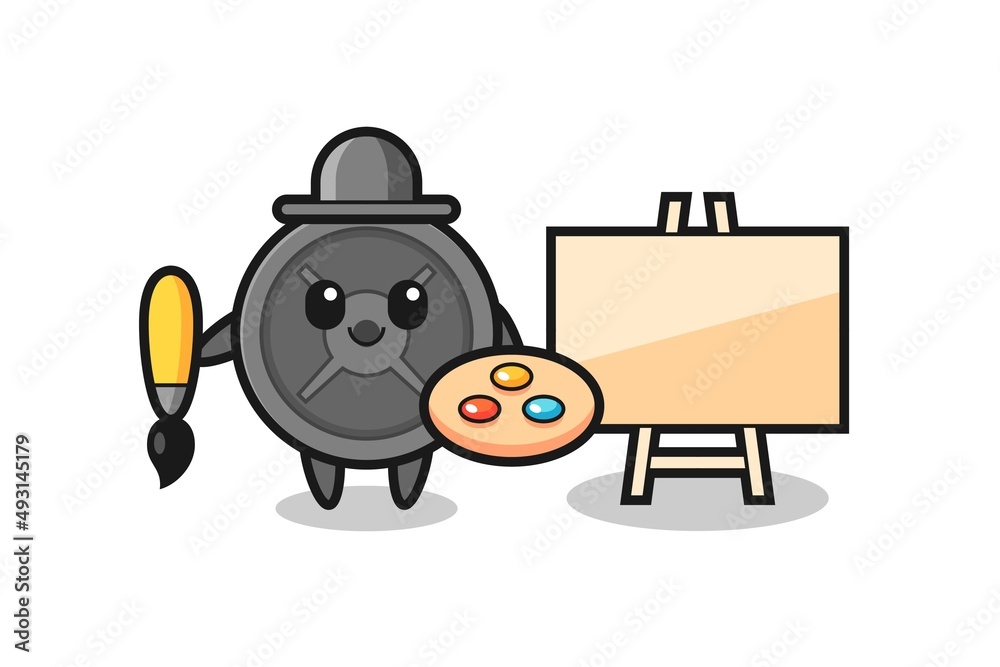 Illustration of barbell plate mascot as a painter