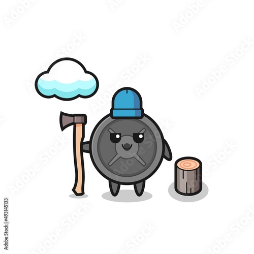 Character cartoon of barbell plate as a woodcutter